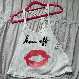 NWT white tank with “kiss off” detailing and double strap racerback detailing